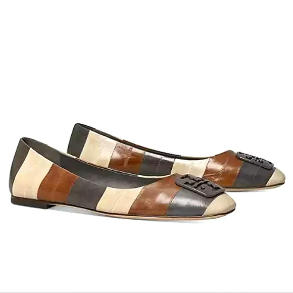 NWT Tory Burch "Georgia" Stripe Eel Leather Ballet Flats | Women's Size 7, 7.5 - Picture 1 of 14